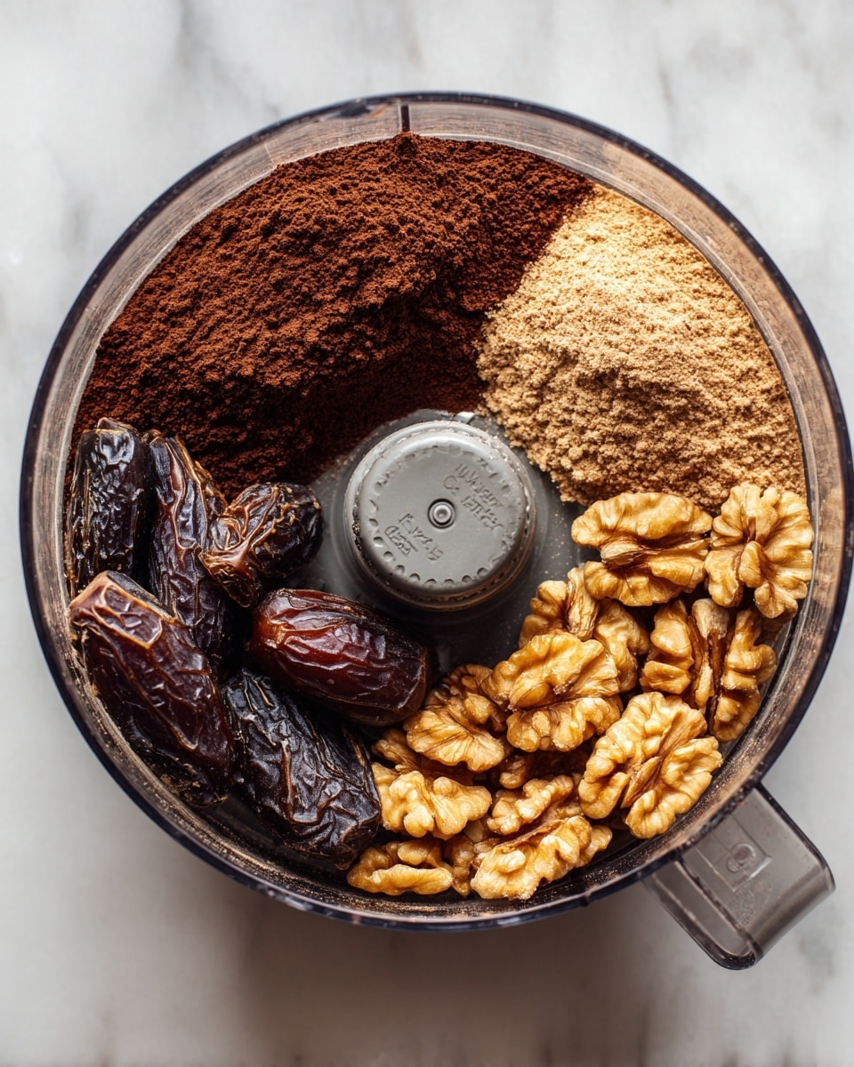 A clear food processor bowl contains different ingredients layered visually in a top-down view. At the bottom left, there are dark brown dried dates with wrinkled textures. The top left area has a pile of fine dark brown cocoa powder. Next to it, on the top right side, is light brown powder with a slightly rough texture. The bottom right area shows a group of whole walnut halves in light golden brown with rough, bumpy surfaces. The food processor blade center is gray with slight powder residue. The bowl sits on a white marbled surface. photo taken with an iphone --ar 4:5 --v 7
