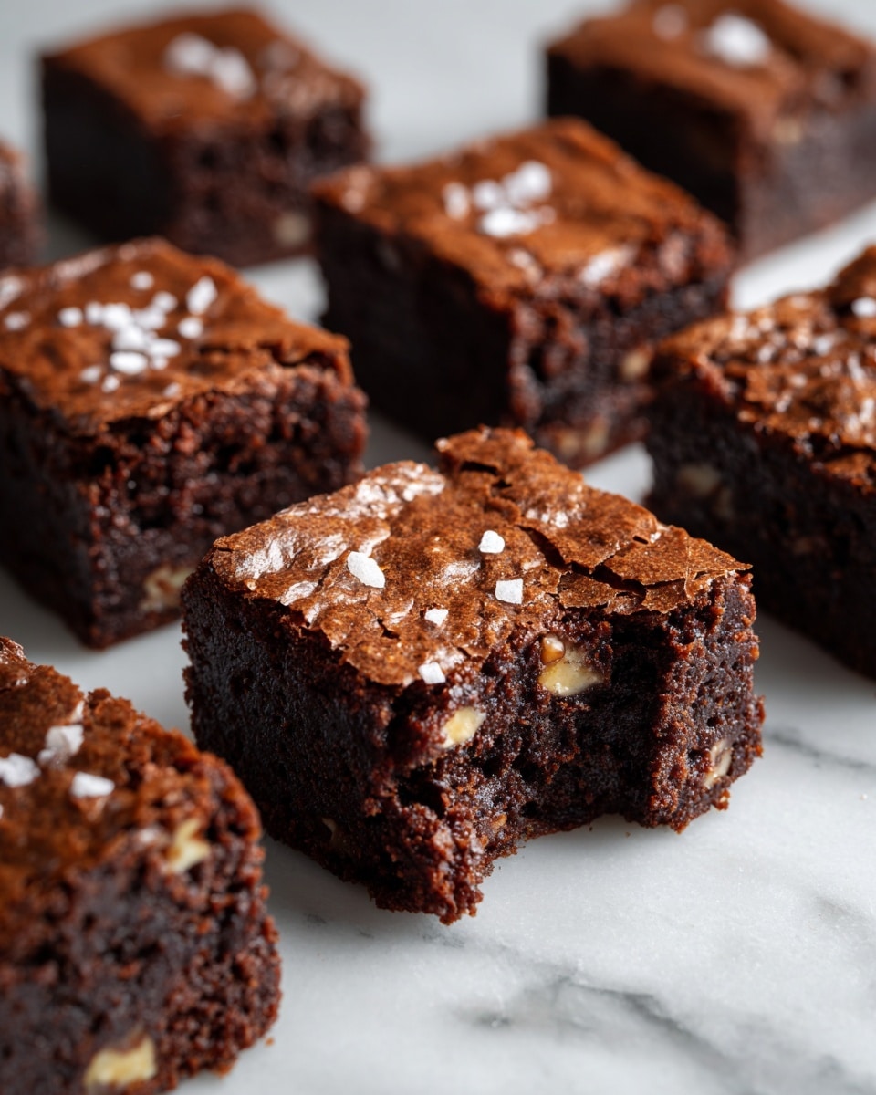The image shows several small square pieces of dark brown chocolate brownies arranged on a white marbled surface. Each brownie has a rough textured top sprinkled with a few white flakes, possibly sea salt. One brownie is placed at the front with a bite taken out of its corner, revealing a dense and moist inside with bits of light brown nuts inside. The other brownies are neatly aligned in the background, all showing the rich, fudgy texture. photo taken with an iphone --ar 4:5 --v 7