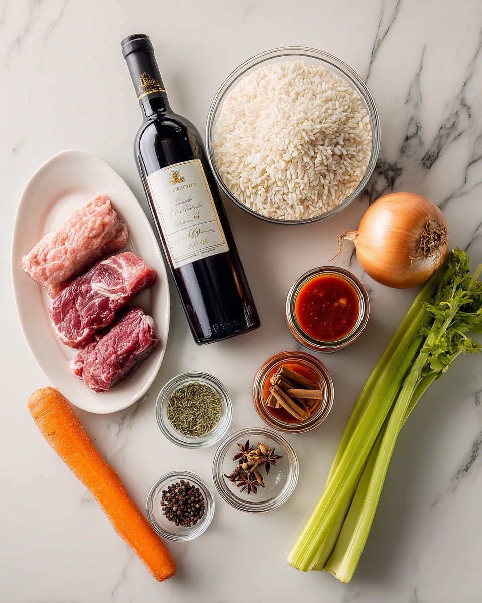 The image shows a white plate with three raw pieces of meat that have a red and pale pink color, placed on a white marbled surface. Next to the plate is a tall, dark bottle of red wine with a label near the top. To the right is a clear glass bowl filled with uncooked white rice. Beside the rice, there is one orange carrot and one green stalk of celery, both lying flat. Further right, a light brown onion sits near three glass jars filled with a red sauce, sealed with silver lids. In front of the jars, there are five small clear glass bowls containing different spices: one with green dried herbs, one with chopped garlic cloves, one with whole cinnamon sticks, one with black peppercorns, and one with another dried herb. All items are arranged neatly on the white marbled background. photo taken with an iphone --ar 4:5 --v 7