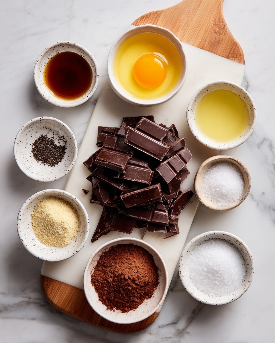 A white marble board with a wooden top edge holds a pile of broken dark chocolate pieces in the center. Around the board on a white marbled surface are eight small white bowls with black specks, each filled with different ingredients: a raw egg with a bright yellow yolk, a dark brown liquid, a pale yellow liquid, a light tan powder, a light beige liquid, a small pile of white salt, a fine white powder, and a bowl filled with cocoa powder. The layout is clean and organized, showing all elements clearly. Photo taken with an iphone --ar 4:5 --v 7