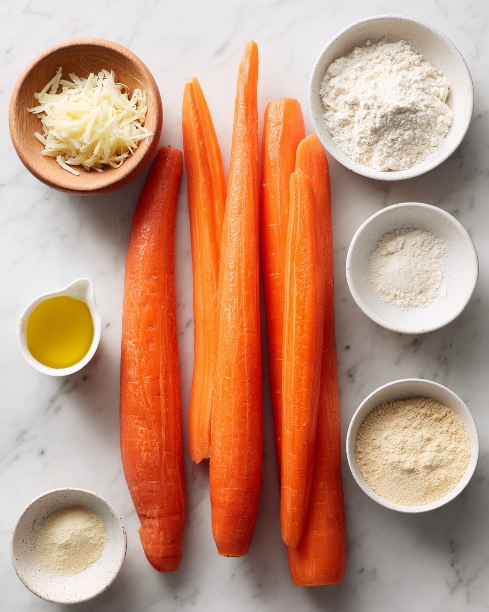 The image shows five large peeled carrots placed close together on a white marbled tile surface. Around the carrots, there are six white bowls containing different ingredients: grated cheese in a wooden bowl at the bottom left, light yellow oil in a small white measuring cup below the carrots, pale flour in a small white bowl at the top left, white powder in a speckled white bowl at the top right, and two small bowls with light beige powders on either side of the carrots. The composition is clean and brightly lit, giving a fresh and simple cooking preparation feel, photo taken with an iphone --ar 4:5 --v 7