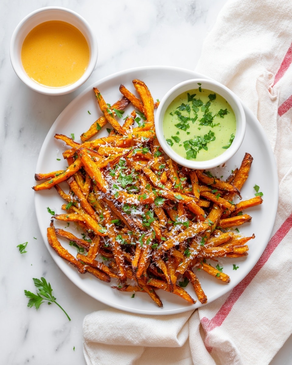A tray filled with crispy orange sweet potato fries, some pieces showing darker, crunchy edges, scattered with small green parsley leaves and tiny white grated cheese flakes. In the top right corner of the tray is a small white bowl with light green dipping sauce, and nearby outside the tray is another small white bowl filled with creamy light orange sauce. A black spoon with a black handle is scooping fries from the bottom right of the tray. The tray is on a white marbled surface with a striped red and white cloth on the bottom left corner. Photo taken with an iphone --ar 4:5 --v 7