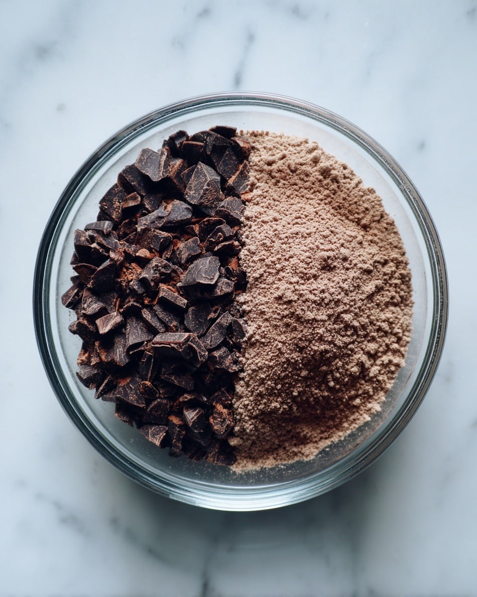 A clear glass bowl sits on a white marbled surface, filled with two main layers inside: one side is dark brown, rough chopped chocolate pieces, and the other side is a fine, light brown powder, likely cocoa mix, both resting next to each other without blending, creating a strong contrast between the chunky texture and smooth powder. photo taken with an iphone --ar 4:5 --v 7