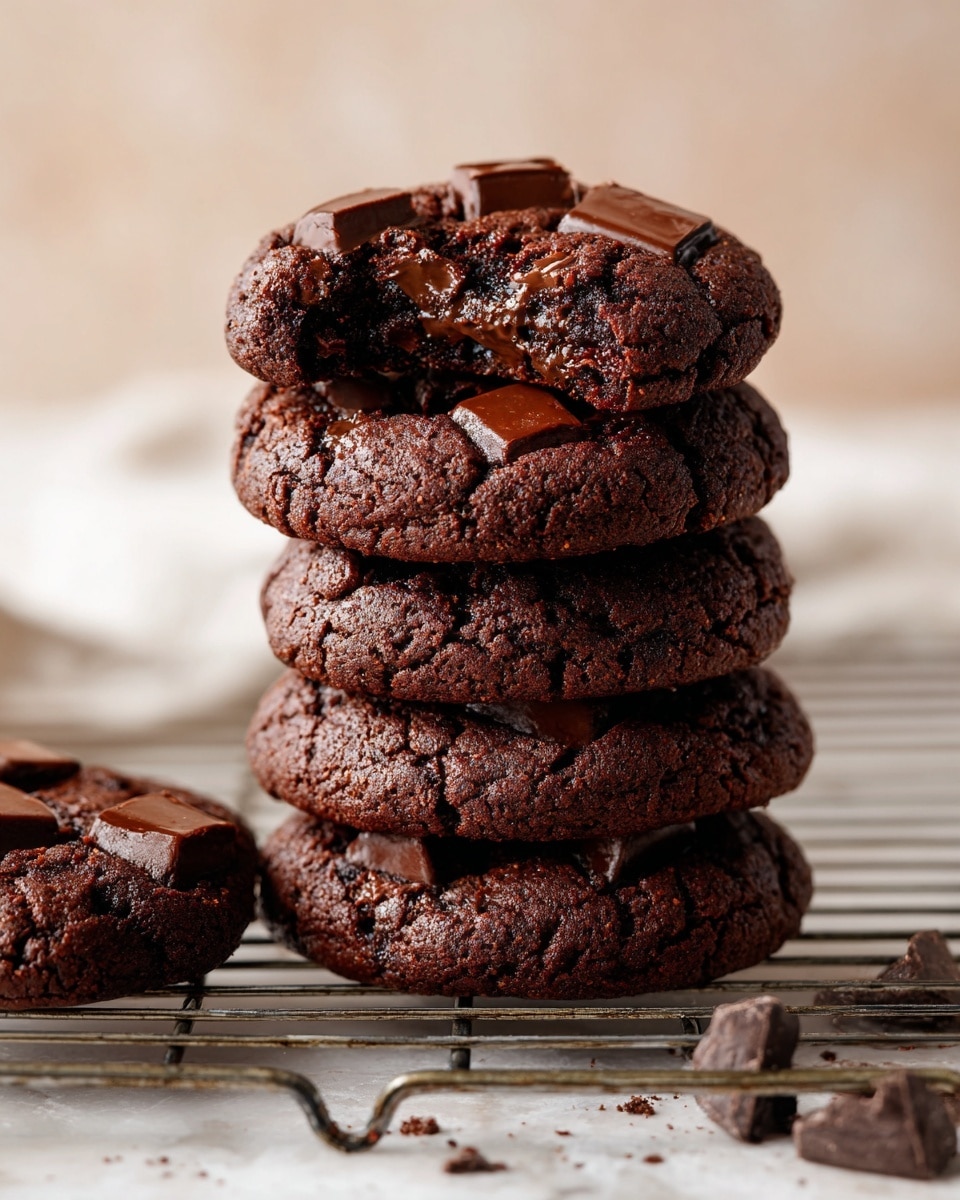 A stack of four thick dark brown chocolate cookies with visible pieces of melted lighter brown chocolate embedded in the surface, placed on a metal cooling rack over a white marbled texture. In front of the stack, there is another cookie lying flat with a bite taken out, showing a soft, rich inside with chocolate chunks. The background is soft and blurred with a light beige color. photo taken with an iphone --ar 4:5 --v 7