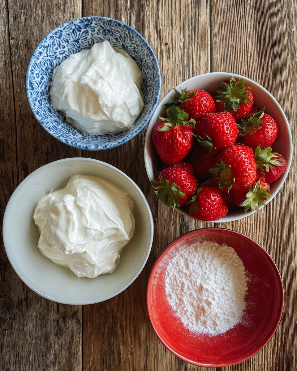 The image shows four bowls with different ingredients placed on a wooden table. The first white bowl on the left holds two large, thick layers of smooth white cream. At the top center, a blue patterned bowl contains a smaller amount of light, fluffy white cream. On the right, a white bowl is full of bright red strawberries with green leaves on top, showing a shiny texture. The last bowl at the bottom is red and filled with a fine, white powder that looks soft and even. The bowls are arranged close together on the wooden table surface photo taken with an iphone --ar 4:5 --v 7