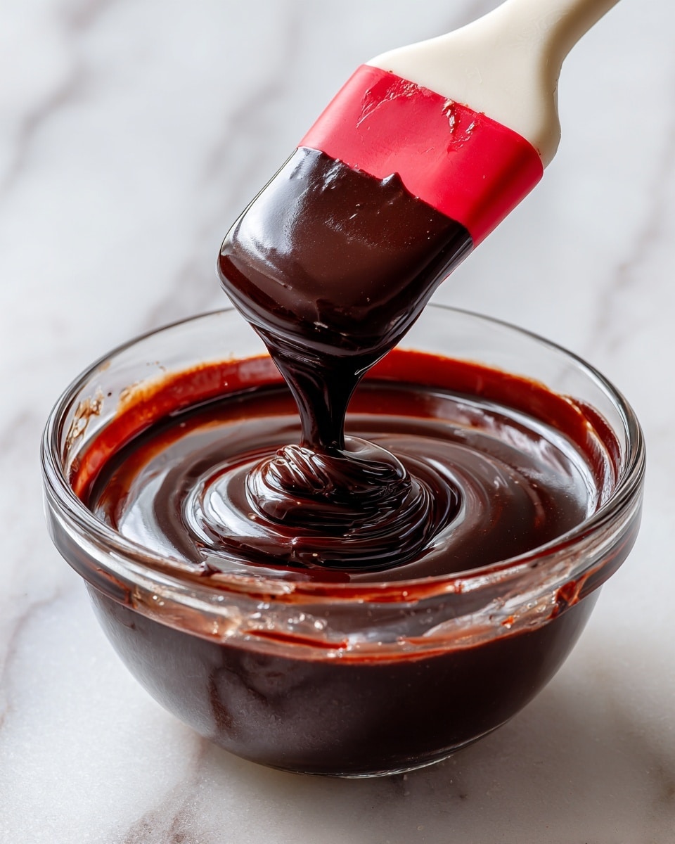 A clear glass bowl filled with thick, shiny dark chocolate sauce, smooth and creamy in texture. A spatula with a red handle and white head is dipped into the sauce, with some chocolate clinging to it. The bowl is placed on a white marbled surface, with the chocolate sauce sticking slightly to the side of the bowl, showing its thick consistency. photo taken with an iphone --ar 4:5 --v 7