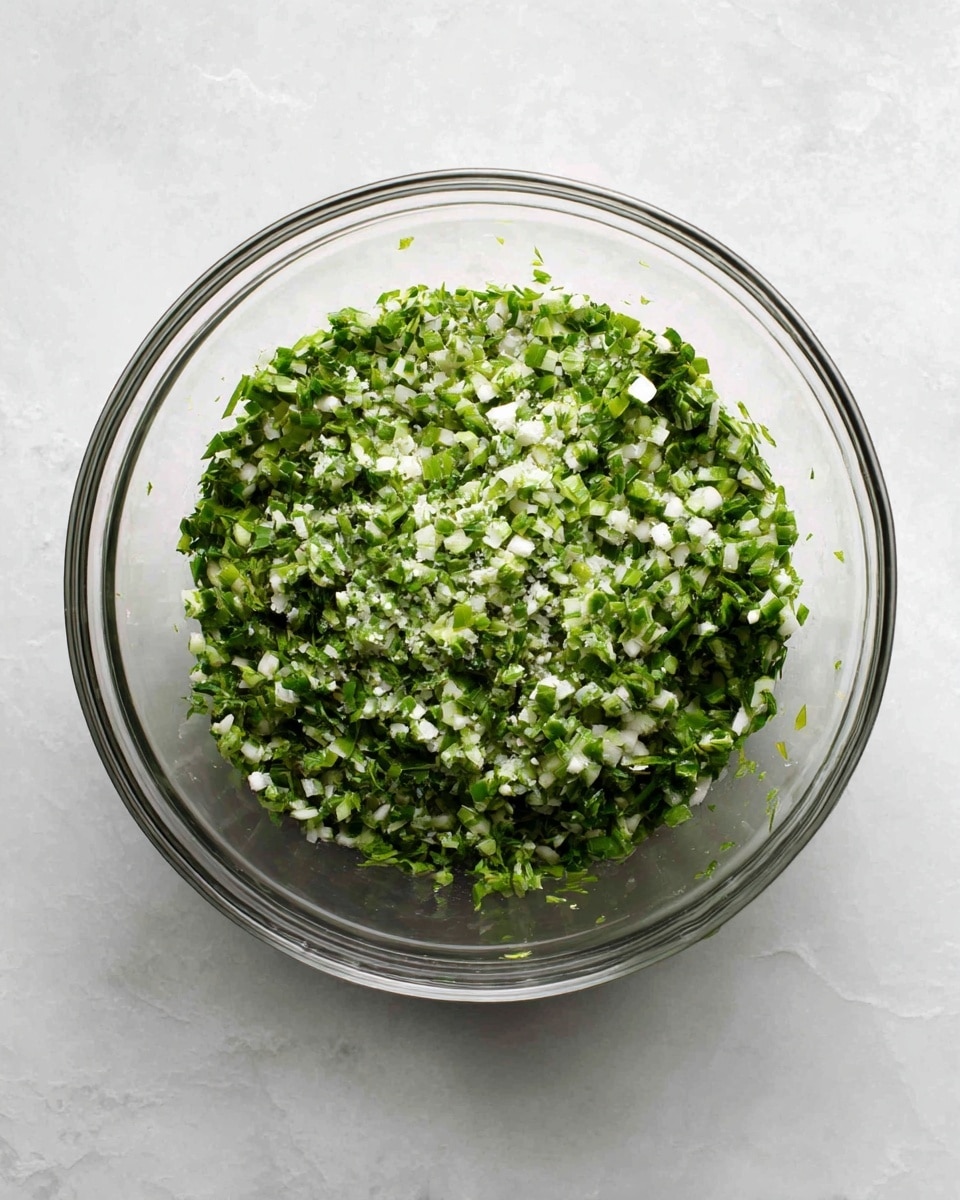 A clear glass bowl holds a mix of finely chopped green herbs and small white pieces, all blended together with a slightly crumbly texture. The bowl is placed on a white marbled surface, and the mixture inside shows a fresh, natural look with different shades of green and white bits evenly spread. The image is bright with natural light showing the texture clearly, creating a simple and clean presentation photo taken with an iphone --ar 4:5 --v 7