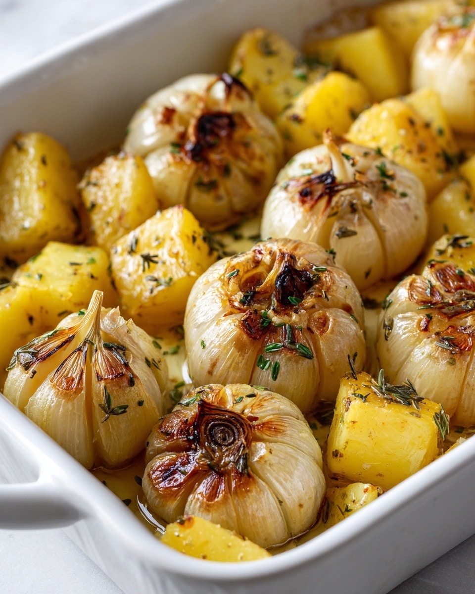 The image shows a close-up of a white baking dish filled with a mix of roasted whole garlic bulbs and chunks of yellow potatoes. The garlic bulbs are golden brown on top with some slightly charred edges, and you can see their textured skins. The potato pieces are soft yellow, cooked through with a slightly rough surface. Both garlic and potatoes are sprinkled with small greenish-black dried herbs, giving the dish a rustic look. The white marbled surface behind the dish adds a clean, bright background. Photo taken with an iphone --ar 4:5 --v 7