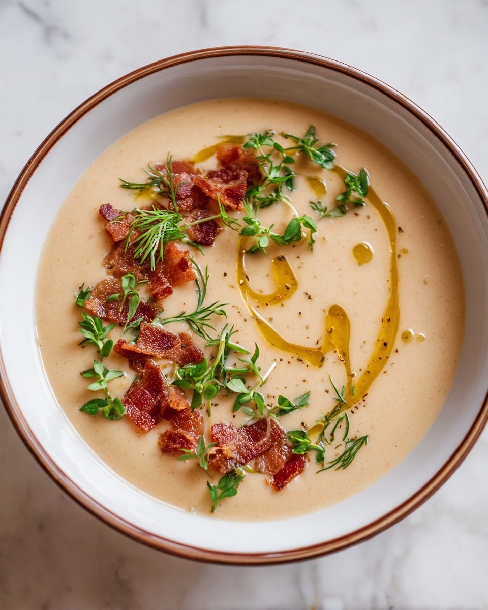 A white bowl holds a creamy light yellow soup with a smooth texture. On top, there is a line of small crispy pieces of reddish-brown bacon-like bits. Around these bits are small green herb leaves scattered lightly. There is also a thin drizzle of golden oil spread in a loose curve pattern on one side of the soup. The background surface is white marbled. Photo taken with an iphone --ar 4:5 --v 7