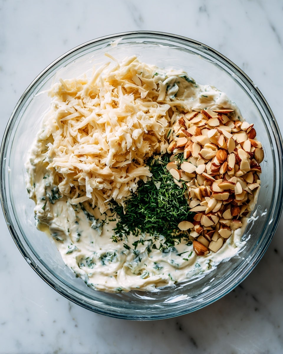 A clear glass bowl holds three layers of ingredients: a spread of thick, creamy white sauce mixed with green herbs at the bottom, a mound of finely shredded, pale beige food piled on one side, and a heap of light brown, chopped slivered almonds on the other side, all set against a white marbled surface photo taken with an iphone --ar 4:5 --v 7