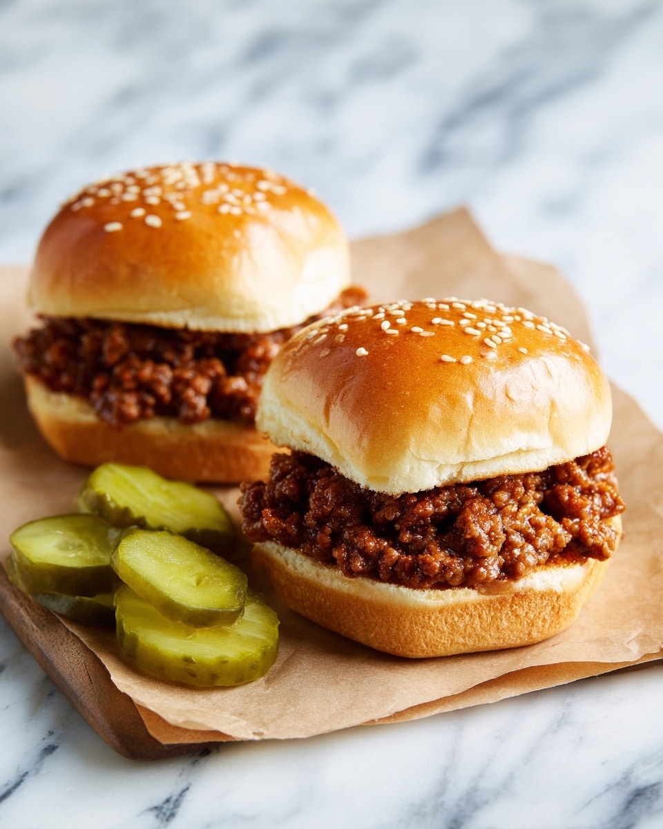 Two small sandwiches sit on brown parchment paper on a white marbled surface. Each sandwich has three layers: a shiny golden brown top bun sprinkled with white sesame seeds, a thick middle layer of cooked ground meat with a slightly saucy texture, and a soft pale bottom bun. Beside the sandwiches are one whole green pickle and two pickle spears with light green inside and darker green skin. Photo taken with an iphone --ar 4:5 --v 7