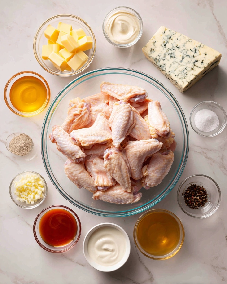 In the center is a large clear glass bowl filled with raw chicken wings, pale pink and slightly shiny. Surrounding it are small clear glass bowls arranged in a circle: at the top left is a bowl with yellow butter cubes, next to it is a spoonful of smooth white mayonnaise. Beside mayonnaise, a small bowl holds a light yellow transparent lemon juice. To the right is a wedge of blue cheese with white and blue-green marbling. Below the cheese is a pinch of white salt, followed by finely minced pale yellow garlic in another small bowl. Next is a beige bowl with garlic powder, then a small bowl with white baking powder. Next to baking powder is a small bowl with black pepper flakes. Below the chicken bowl is a bowl of white creamy substance, beside it to the left is a bowl of dark reddish-orange hot sauce. Above the hot sauce is a small bowl of golden honey. The entire scene is set on a white marbled surface with soft lighting highlighting the textures. photo taken with an iphone --ar 4:5 --v 7