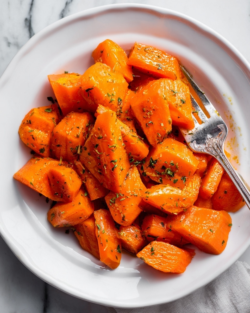 The image shows a white plate filled with bright orange glazed carrot pieces, each cut into thick, uneven chunks with a shiny and slightly caramelized texture. Some of the carrot pieces have small green herb sprinkles on top, adding a fresh touch. A silver fork is partially pushing or stabbing a few carrot pieces on the right side of the plate. The background is a white marbled texture. photo taken with an iphone --ar 4:5 --v 7