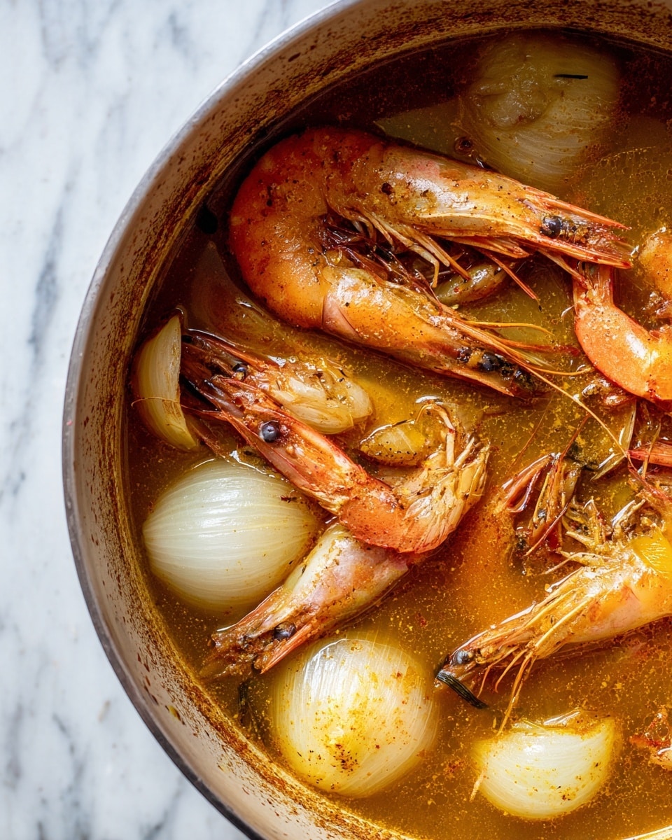 A close-up image of a pot filled with a light brown broth containing several whole shrimp with shells and antennas visible, along with large pieces of white onion floating on top. The shrimp are orange and pink with some texture from their shells, and the onions have a smooth, translucent layered look. The pot edge shows some orange residue, hinting at the flavorful broth within. The background surface is a white marbled texture. photo taken with an iphone --ar 4:5 --v 7