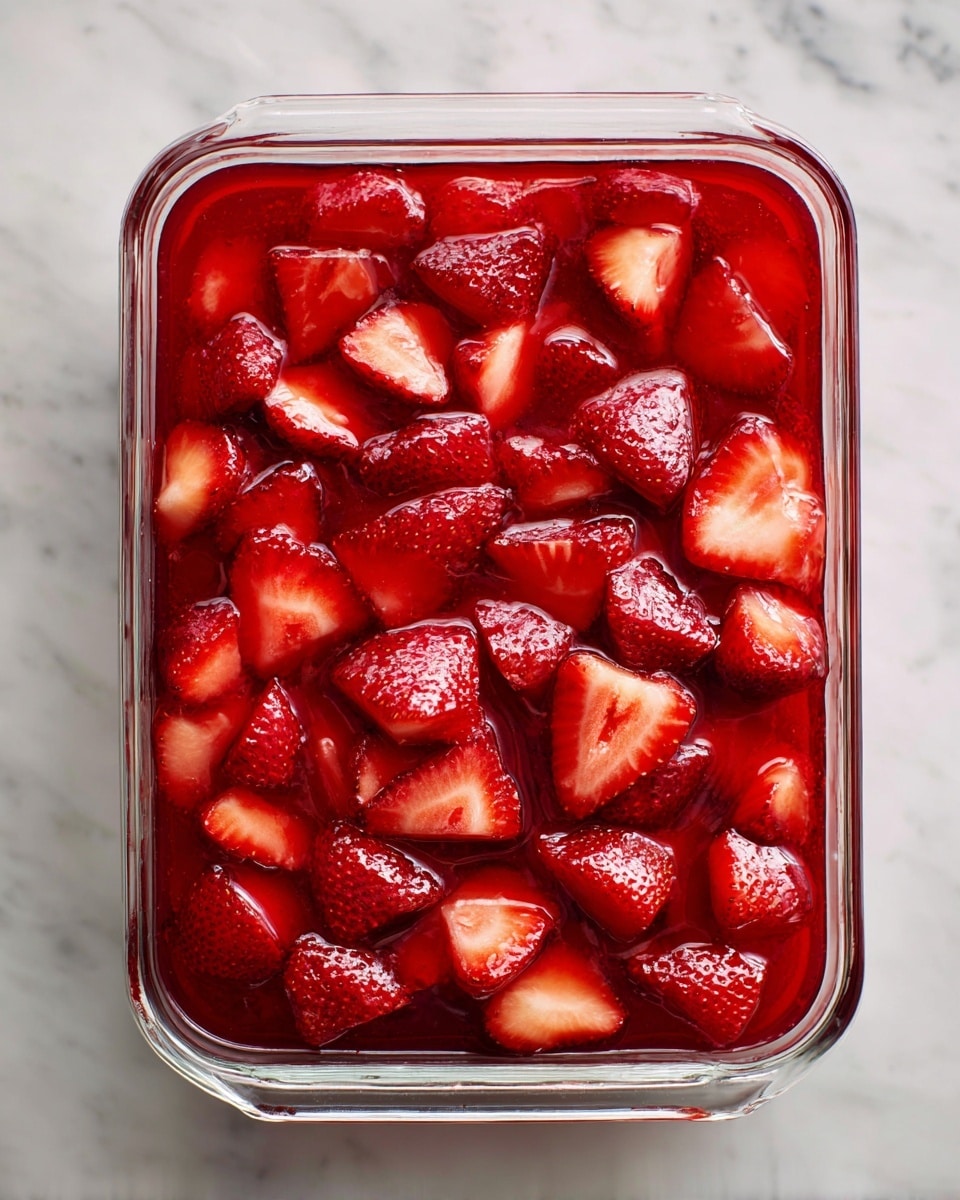 A clear glass baking dish filled with one layer of bright red strawberry topping. The topping shows slices of fresh strawberries mixed with a thick, shiny, red jelly-like sauce that covers the fruit evenly. The strawberries have a mix of smooth and slightly bumpy textures with visible seeds. The dish rests on a white marbled surface, and no other items are visible around it. photo taken with an iphone --ar 4:5 --v 7