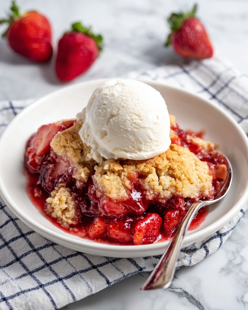A round white plate holds a serving of strawberry cobbler with a scoop of vanilla ice cream on top. The bottom layer shows the red, juicy strawberry filling, thick and slightly spilling over the edges. Above it is a golden-brown, crumbly biscuit layer covering the fruit, with some pieces broken and scattered. The creamy white scoop of ice cream sits in the center, slightly melting into the cobbler. The plate is on a white marbled surface with a white and blue checkered cloth underneath. Three whole strawberries rest near the plate on the cloth, and a shiny metallic spoon lies nearby. Photo taken with an iphone --ar 4:5 --v 7