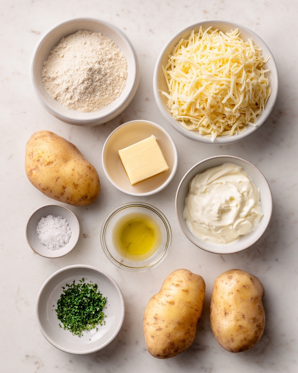 The image shows eight small white bowls and three large light brown potatoes arranged on a white marbled surface. The largest bowl at the top right holds a mound of shredded pale yellow cheese. To the top center is a bowl with a light beige flour mix, and below it, a bowl with a small square of yellow butter. Next to the butter, a bowl contains a white creamy substance. Near the center right, there is a small clear bowl filled with a light yellow oil. Below the oil, a tiny white bowl has green chopped herbs, and in the center bottom, there is a small white bowl with white salt. The three potatoes have a smooth, slightly spotty light brown skin and are placed together at the left side. The whole setup is neat and bright. photo taken with an iphone --ar 4:5 --v 7
