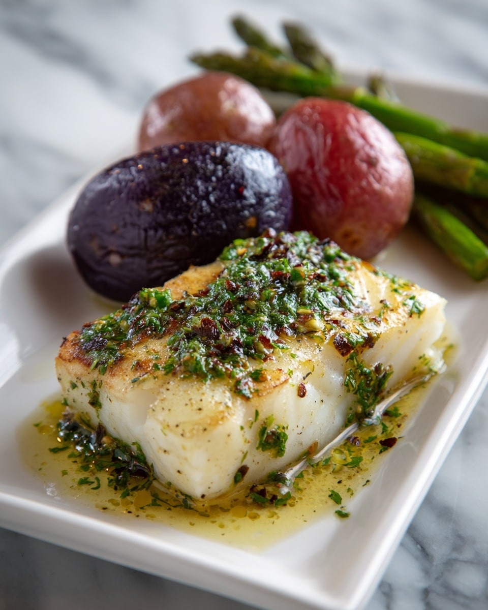 Two white bowls on a white marbled surface each contain a meal arranged in layers. The bottom layer consists of small colorful potatoes in shades of yellow, red, and purple forming a cluster near one side of the bowl. Next to the potatoes, there is a bundle of grilled green asparagus spears placed horizontally. On top of the asparagus and potatoes, a thick piece of white fish is laid, covered with a coarse green sauce that is also drizzled around the bowl, adding texture and color. Fresh green leaves are scattered in and around the bowls for garnish. To the right of the bowls, there is a clear glass jar filled with the same green sauce with a silver spoon inside, resting on a white and gray striped cloth. Photo taken with an iphone --ar 4:5 --v 7