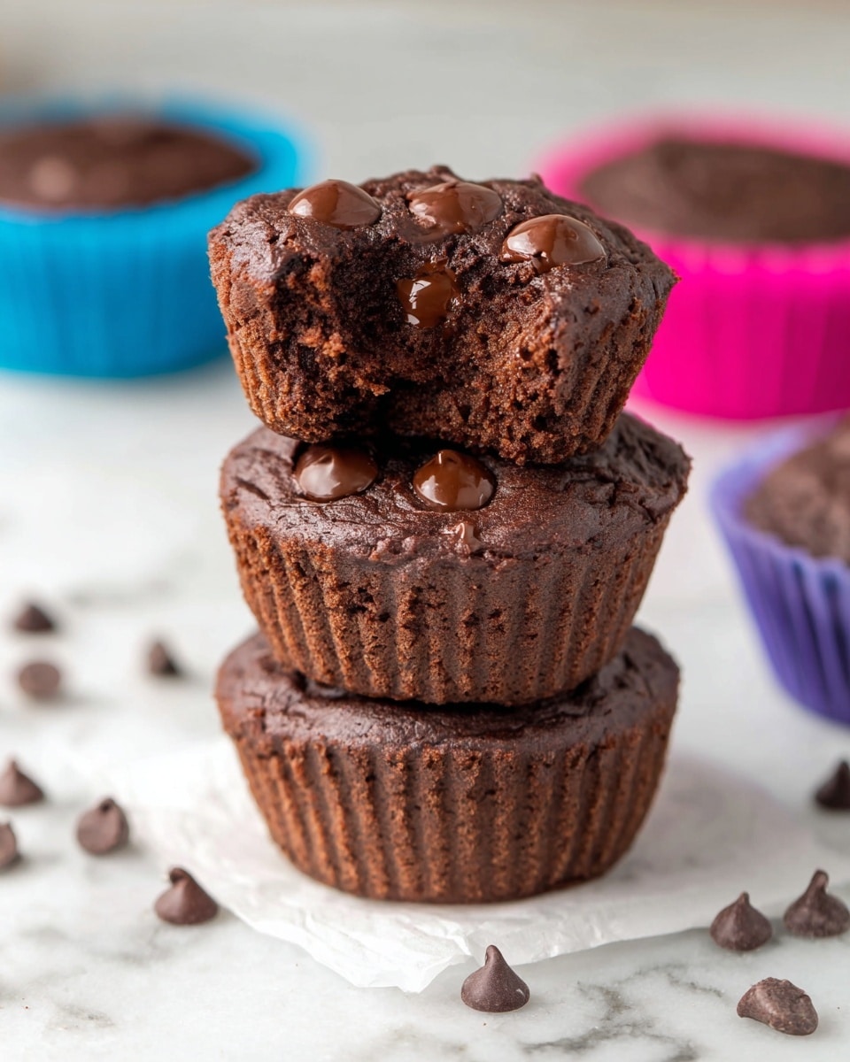 The image shows a tray of freshly baked chocolate muffins in white silicone cupcake liners with pink and blue edges. Each muffin has a dark brown, cracked top with melted chocolate chips visible on the surface. The muffins sit in a dark metal muffin tin, placed on a white marbled surface. The lighting highlights the shiny and soft texture of the chocolate chips against the rough, cracked muffin tops. photo taken with an iphone --ar 4:5 --v 7
