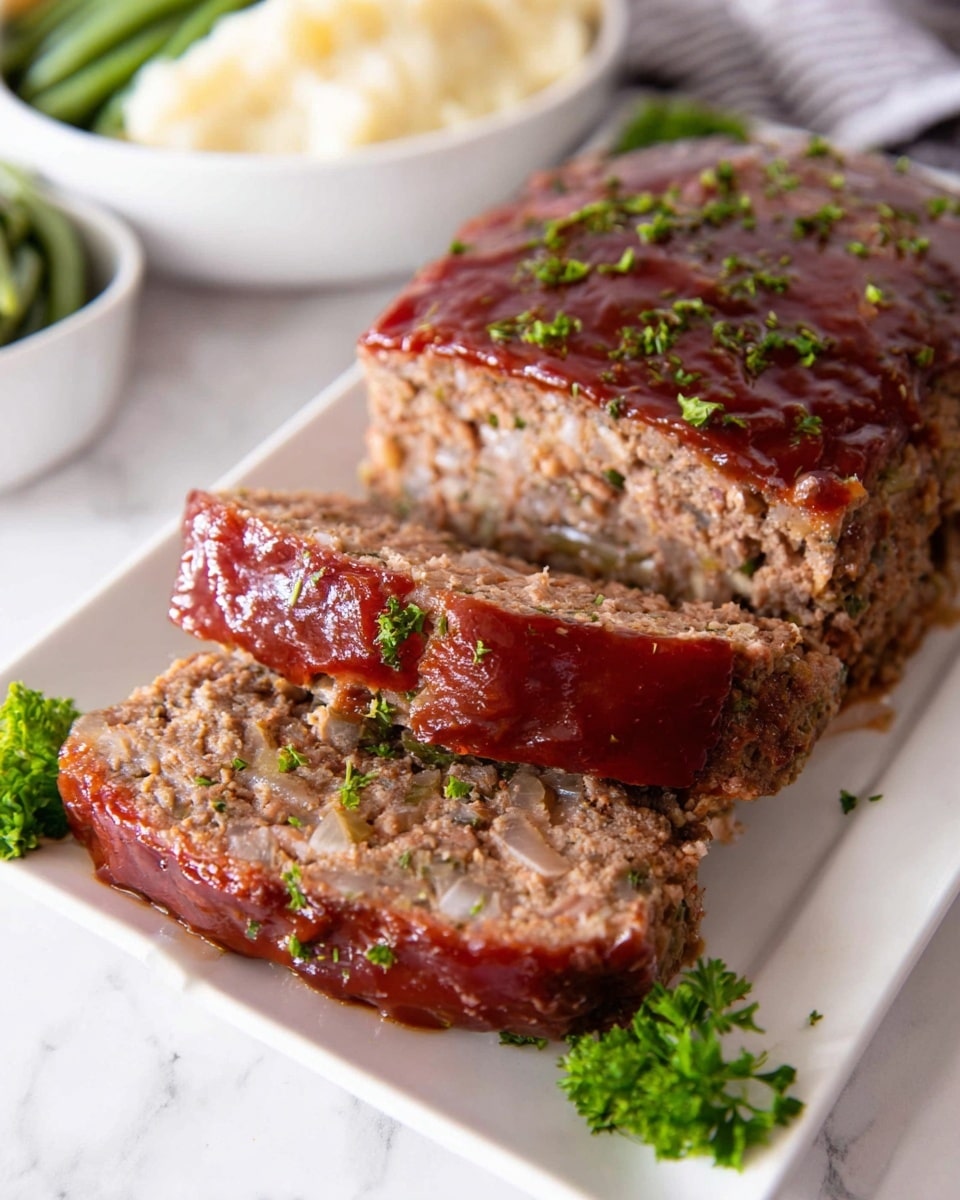 The image shows a rectangular loaf of meatloaf with a shiny, thick red sauce spread evenly over the top. The meatloaf has a slightly textured surface with bits of ingredients visible beneath the sauce, giving it a rich, hearty look. The dish is in a speckled pink baking pan, which sits on a round trivet made of a pattern of light brown and green pieces. The background is a white marbled surface, creating a clean and simple setting. photo taken with an iphone --ar 4:5 --v 7