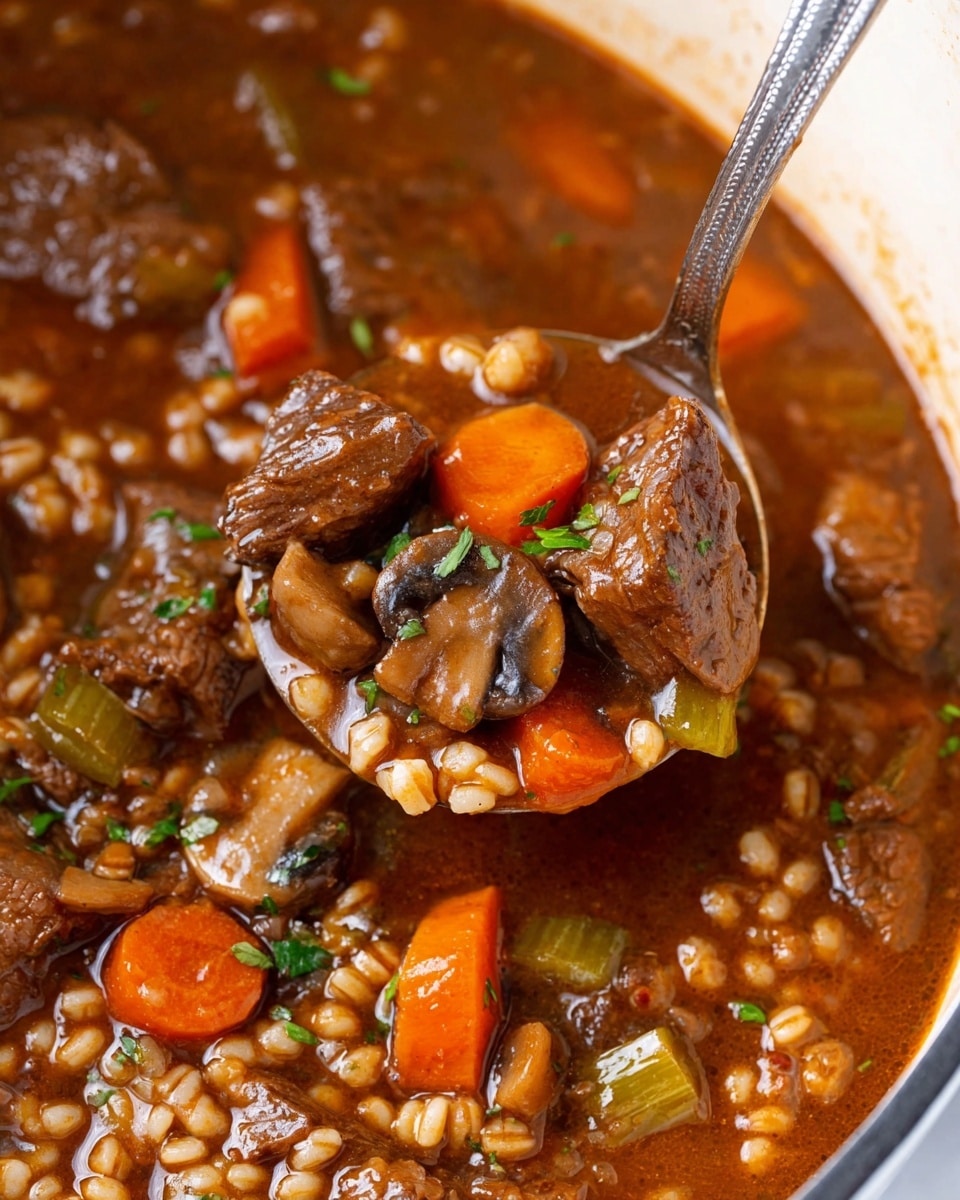 A close-up image of a thick beef stew in a white pot sitting on a white marbled surface. The stew has several visible layers including large chunks of shiny brown beef, bright orange carrot slices, light green celery pieces, and small round grains similar to barley mixed in a dark brown, glossy broth. There are also bits of mushrooms and tiny green herb pieces scattered throughout the stew. A metal ladle lifts a portion of the stew, showing the detailed textures of the meat and vegetables. The photo taken with an iphone --ar 4:5 --v 7