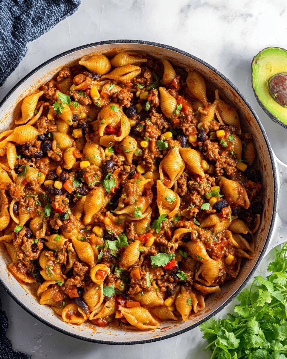 A white bowl filled with three layers of pasta shells mixed with cooked ground meat, black beans, corn, and diced red tomatoes in a sauce, topped with thin slices of green avocado and a dollop of white sour cream, garnished with fresh green cilantro leaves. A silver fork rests inside the bowl on a white marbled surface, with some green herbs visible in the blurred background. photo taken with an iphone --ar 4:5 --v 7