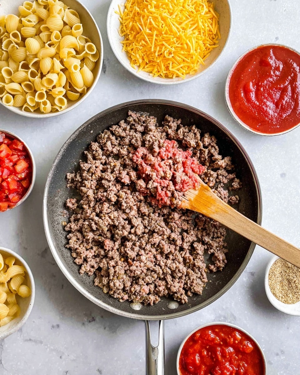 A round frying pan with a metal handle sits on a white marbled surface, filled halfway with cooked and partially cooked brown and pink ground meat, stirred by a wooden spoon resting inside. Surrounding the pan are several white bowls, each containing different ingredients: yellow dry pasta shells, shredded yellow cheese, chopped red bell peppers, a bowl of red tomato sauce, a bowl of chunky red diced tomatoes, and a small bowl of light brown powdered seasoning. photo taken with an iphone --ar 4:5 --v 7