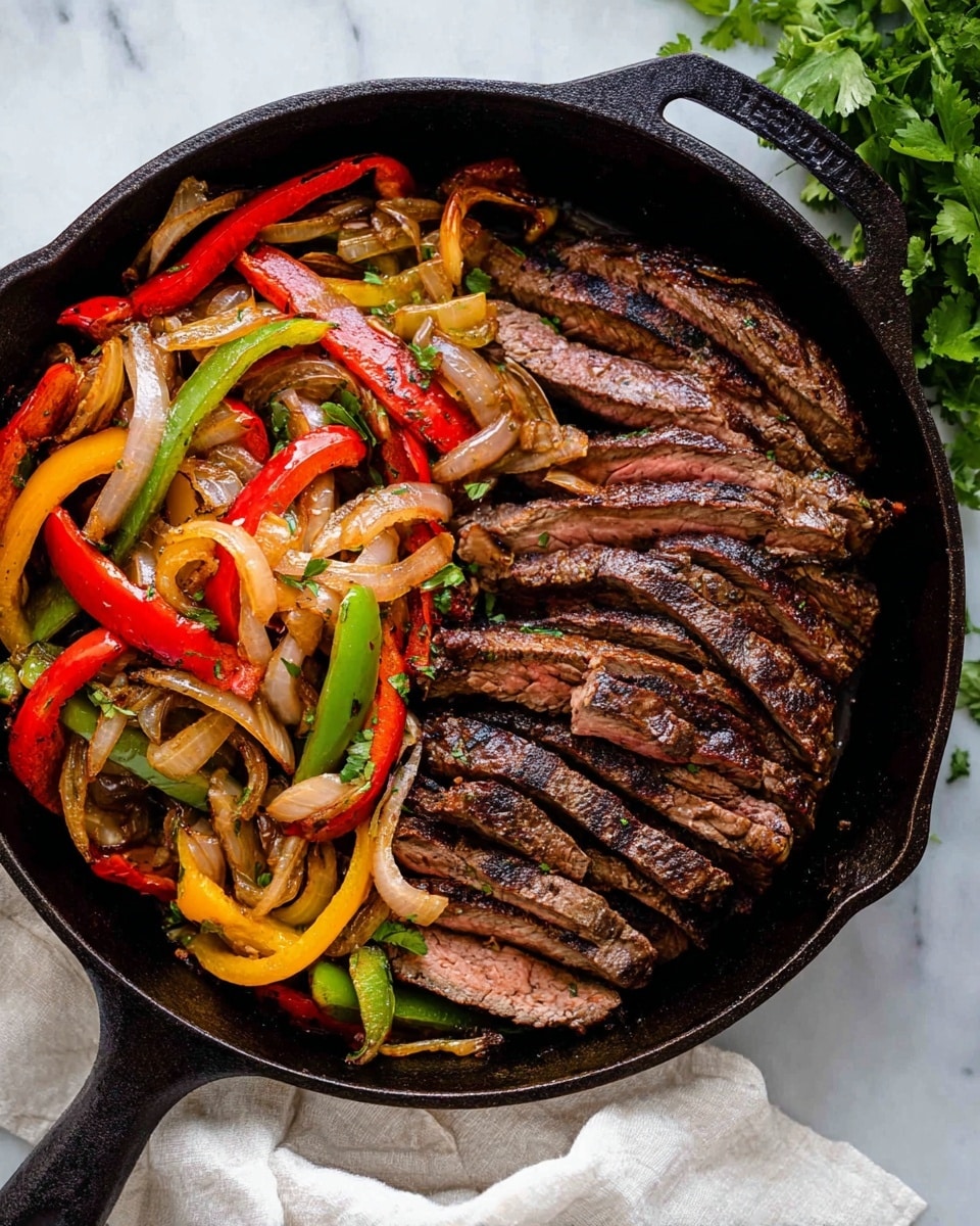 A white plate is filled with two main layers: on the left side, there are eight thin slices of grilled steak showing pink centers and brown outside edges, sprinkled with small green cilantro leaves; on the right side, a colorful mix of sautéed bell peppers and onions creates a vibrant pile with red, yellow, orange, and green strips, appearing slightly glossy and tender. Three lime wedges rest on the bottom left edge of the plate, and a small bunch of fresh green cilantro is on top of the steak and near the veggies. The plate sits on a white marbled surface with some green herbs and yellow lemon wedges visible nearby, adding freshness. photo taken with an iphone --ar 4:5 --v 7