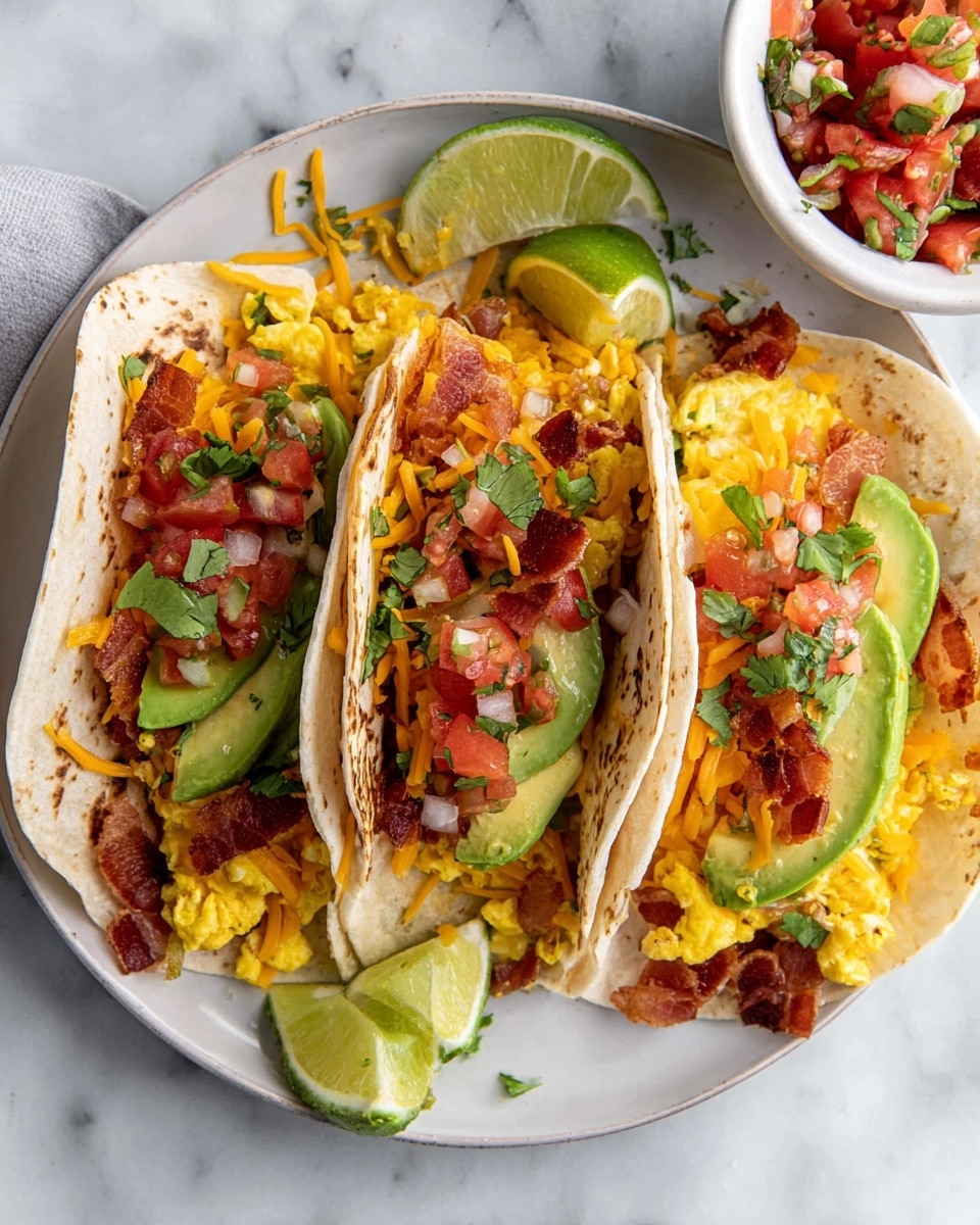 The image shows three soft flour tortillas laid out on a white marbled surface covered with crumpled brown paper. Each tortilla has layers starting with scrambled eggs that are fluffy and yellow, topped with small chunks of crispy bacon, followed by diced red tomatoes and white onions mixed with green herbs. There are slices of fresh light green avocado placed on top or slightly to the side in each taco. Bright orange shredded cheddar cheese is sprinkled over everything, adding a textured layer of color. Around the tacos, there is a small glass bowl filled with extra shredded cheddar cheese and a white bowl with diced tomato salsa. A lime wedge sits to the side, adding a pop of green. The whole setup looks fresh and colorful, inviting for breakfast. Photo taken with an iphone --ar 4:5 --v 7