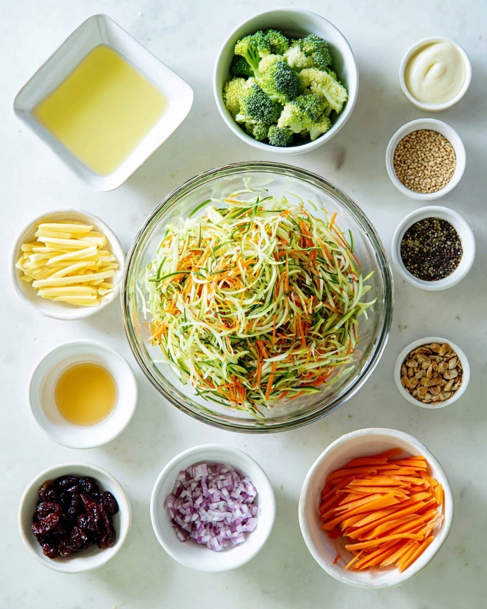 There is a large clear glass bowl on the right filled with thin strips of green and orange vegetables, mostly light green with orange carrot pieces mixed in. Surrounding this are eleven small white bowls on a white marbled surface. Starting near the large bowl and going clockwise: a small square white bowl with light yellow liquid, a round white bowl with light green broccoli florets, a round white bowl with pale yellow sliced fruit or vegetable sticks, a round white bowl with bright orange carrot sticks, a small square white bowl with chopped purple onion pieces, a small round white bowl with dark red dried fruit, a small round white bowl with light brown toasted seeds, a small round white bowl with creamy white mayonnaise, two small square white bowls with light yellow to golden liquids, a small round white bowl with coarse black and brown spices, a small round white bowl with creamy light brown mustard, and a small round white bowl with white salt. The overall scene is bright and clean. Photo taken with an iphone --ar 4:5 --v 7