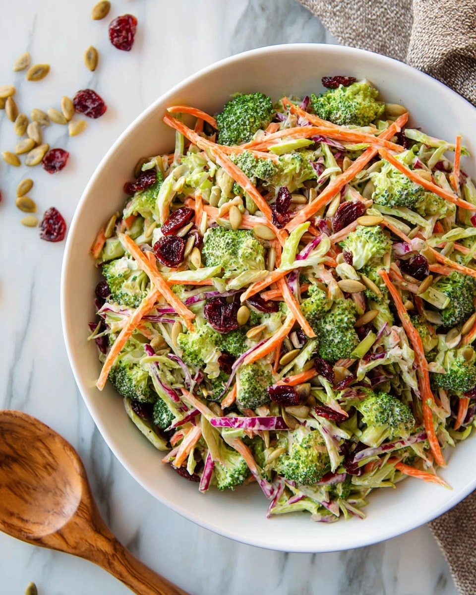 A large white bowl filled with a colorful salad showing at least three layers: a base of thin, pale green broccoli stems mixed with bright orange carrot sticks and small green broccoli florets, topped with scattered deep red dried cranberries and light brown toasted sunflower seeds. A wooden spoon with a natural wood grain pattern is resting upright in the bowl, partly covered by the salad. The bowl sits on a white marbled surface with a beige cloth partially under it and a small white square dish filled with dark red dried cranberries is placed near the bowl. Photo taken with an iphone --ar 4:5 --v 7