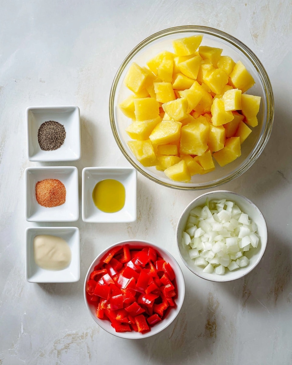 The image shows a clear glass bowl full of yellow cut potatoes in the center on a white marbled surface. Below it, there are two white bowls placed next to each other, one with bright red chopped bell peppers and the other with diced white onions. To the left of the potatoes, six small white square dishes hold different seasonings and liquids: ground black pepper, coarse salt, a light brown granulated seasoning, olive oil, a small amount of bright red spice, and a pale cream seasoning. The setup is clean and organized, with each ingredient separated neatly in its own bowl or dish. Photo taken with an iphone --ar 4:5 --v 7