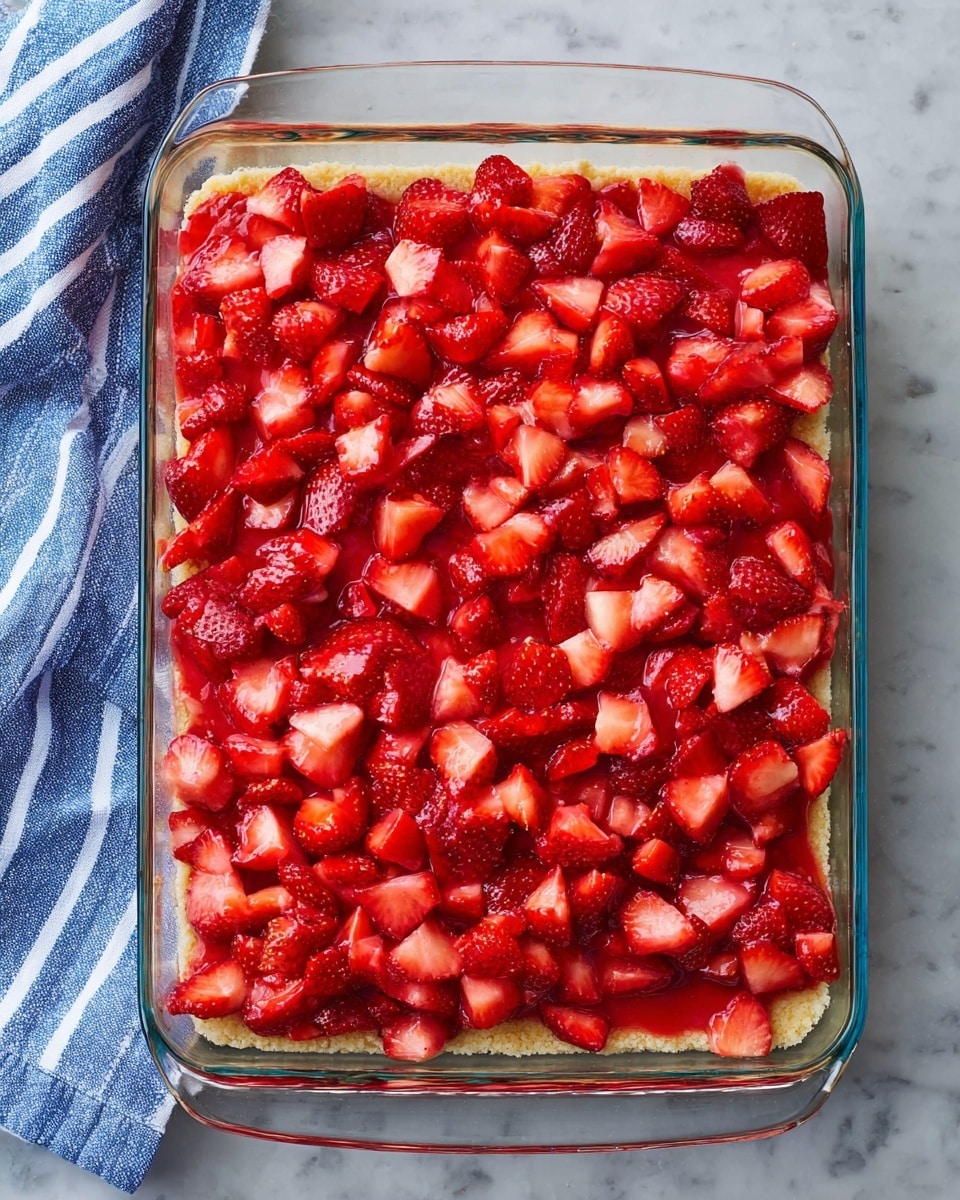 A clear rectangular glass dish shows two layers of a dessert: the bottom layer is a light tan crust with a crumbly texture, and the top layer is a thick spread of chopped bright red strawberries, cut into small uneven pieces covering the whole dish. The dish sits on a white marbled surface, with a folded blue cloth with white stripes visible on the left side of the image. photo taken with an iphone --ar 4:5 --v 7