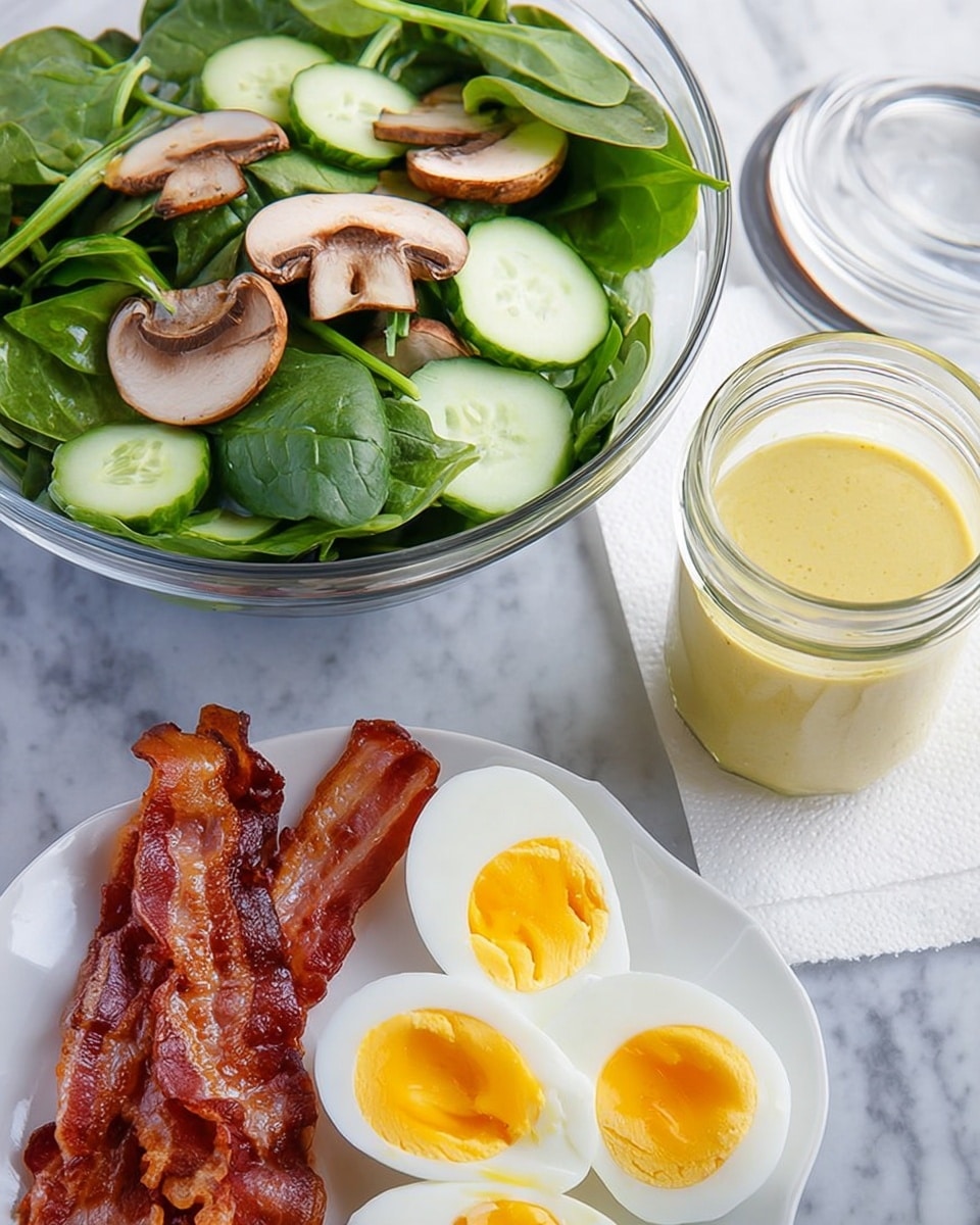 A clear glass bowl on a white marbled surface holds a fresh salad with a base layer of bright green spinach leaves, topped with a second layer of thin, round cucumber slices, and finished with a third layer of halved light brown mushrooms scattered on top. Nearby, on a white plate with a paper towel, there are three strips of crispy brown bacon lying flat beside four pieces of hard boiled eggs; two whole halves showing smooth yellow yolks and two quarters with the same yellow yolk inside. A glass jar filled with light yellow salad dressing sits to the side, its metal cap resting open beside it. Photo taken with an iphone --ar 4:5 --v 7