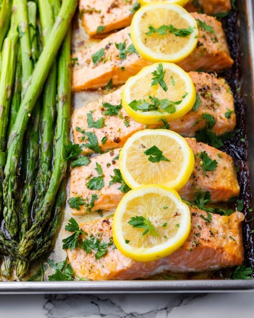 Sheet Pan Lemon Garlic Salmon with Asparagus and Couscous Recipe