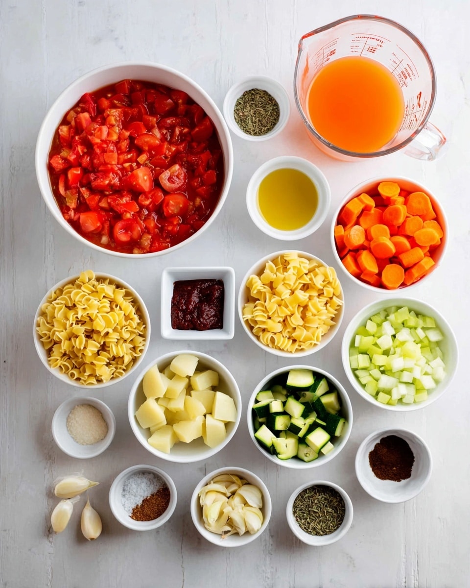 A flat lay shows many white small bowls and a clear measuring cup arranged on a white marbled surface. The largest bowl near the center is filled with red chopped tomatoes in juice. To its right is a clear measuring cup with orange liquid. Below the tomatoes are bowls with different chopped vegetables: bright orange carrot slices, pale white beans, light yellow potato pieces, green zucchini chunks, and celery pieces. There is also a bowl with small yellow pasta next to a small white square bowl of dark red paste. A small square bowl with yellow oil is on the left side. Three small round bowls with different brown dried herbs are lined at the top. At the bottom left, there are garlic cloves, and small bowls of chopped onion, black pepper, and salt scattered around. The colors vary from bright orange, yellow, and red to fresh green with the white bowls and marbled surface giving a clean look. Photo taken with an iphone --ar 4:5 --v 7