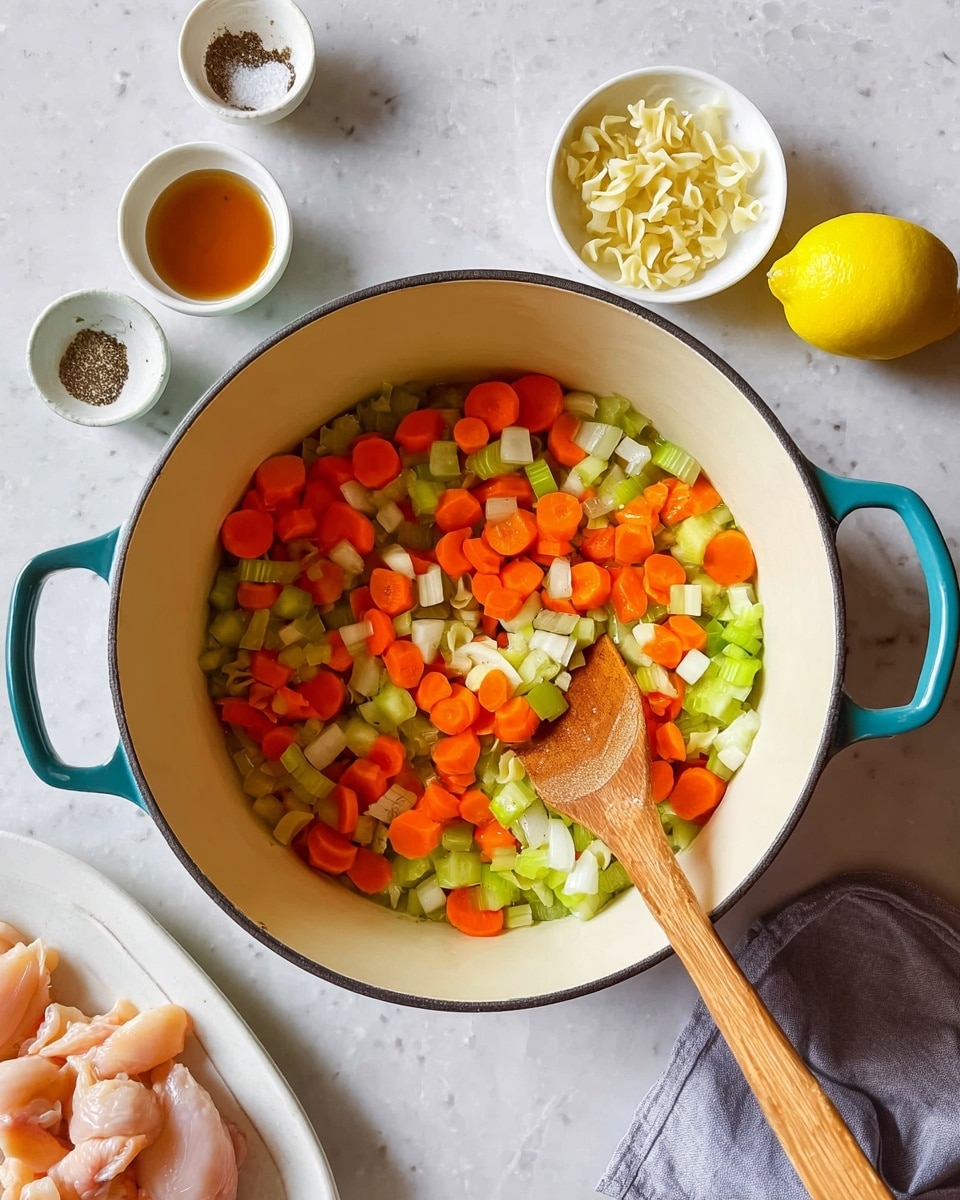 A white pot with teal handles sits on a white marbled surface filled with a colorful mix of chopped vegetables including bright orange carrot slices, light green celery pieces, and white onion chunks, stirred by a wooden spoon resting inside. Surrounding the pot are small white bowls holding light brown liquid, salt, black pepper, peeled garlic cloves, and small bits of uncooked pasta. A whole yellow lemon and a white plate with raw light pink chicken lay nearby, all arranged neatly on the white marbled surface. photo taken with an iphone --ar 4:5 --v 7