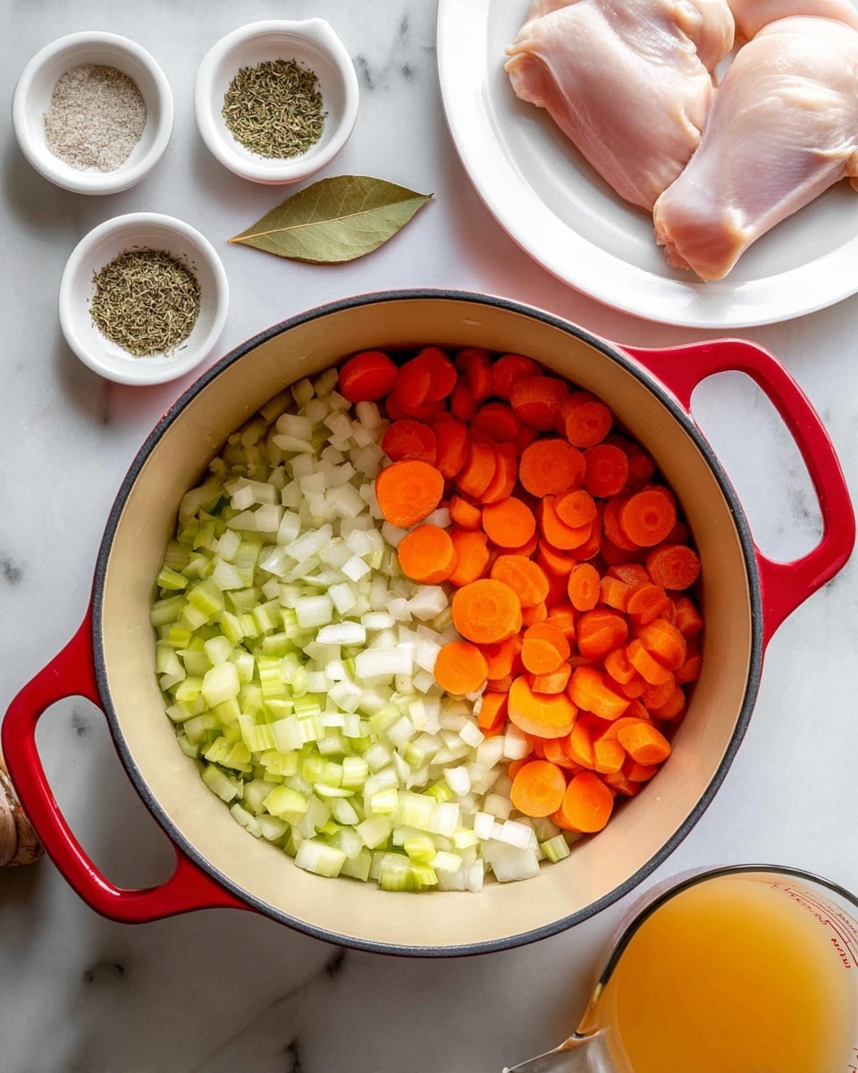 A red pot with a light beige inside contains three layers of chopped vegetables arranged side by side: bright orange carrot slices on the right, green celery pieces in the middle, and white onion cubes on the left. Around the pot on a white marbled surface, there are small white bowls with dried herbs, salt, pepper, bay leaves, and garlic cloves, along with a white plate holding two raw pale pink chicken pieces at the top right, and a glass measuring cup of light orange broth at the bottom right. The scene is well lit and neat. photo taken with an iphone --ar 4:5 --v 7