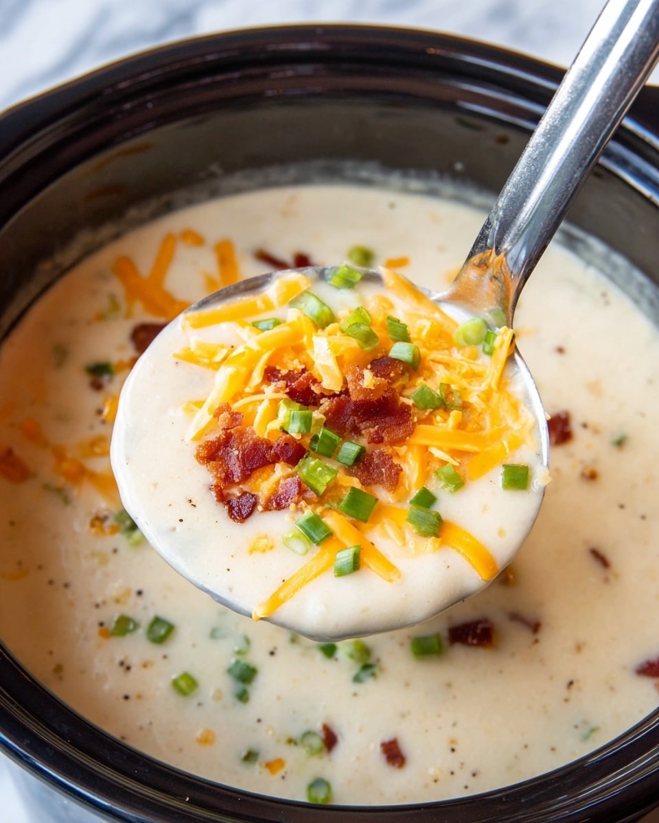 A creamy, thick white soup with a smooth texture is being lifted by a shiny metal ladle from a black pot. The soup is topped with small pieces of bright orange shredded cheddar cheese, small green slices of scallions, and bits of reddish-brown bacon. The surface the pot is on is a white marbled texture. Photo taken with an iphone --ar 4:5 --v 7