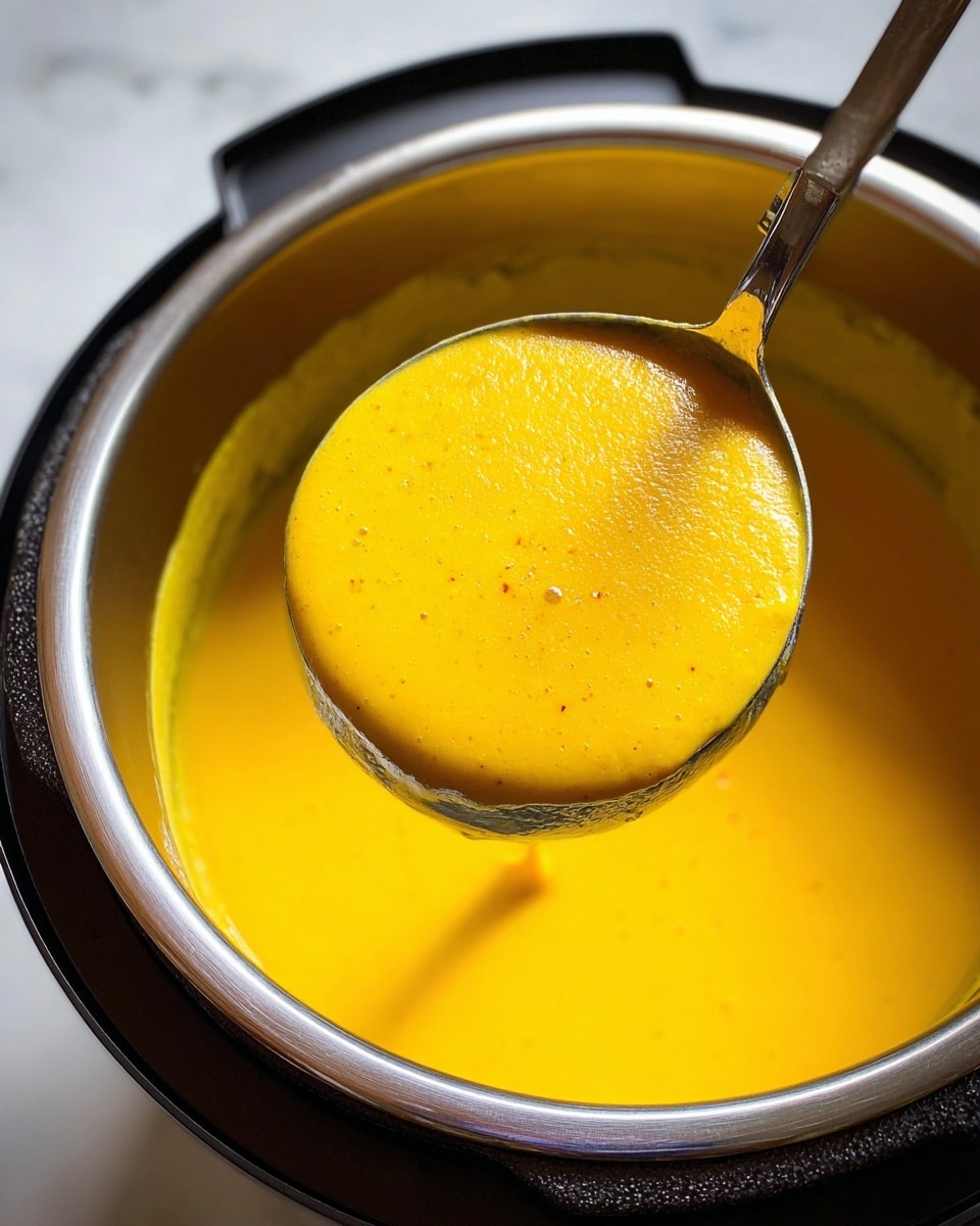 A shiny silver pot holds thick bright yellow soup, smooth in texture with a few tiny dark specks. A metal ladle lifts a rounded scoop of the soup, showing its creamy and rich surface. The pot rim has a cool silver color, while the outer part of the pot is black and textured. The background is a white marbled surface. photo taken with an iphone --ar 4:5 --v 7