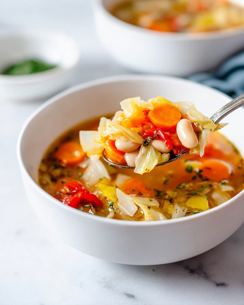 A white bowl filled with a warm vegetable soup showing about five layers: a clear broth base with orange carrot slices, white beans, soft white cabbage pieces, small red bell pepper chunks, and bits of yellow bell pepper, all mixed with herbs. A silver spoon is lifting some of the vegetables from the bowl, hovering above the bowl on a white marbled surface, with a blurred second white bowl in the background. Photo taken with an iphone --ar 4:5 --v 7