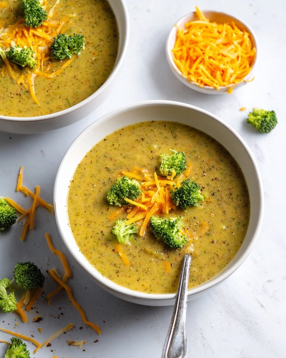A close-up view of a spoon holding a thick, creamy yellow soup with small green broccoli florets visible within it. The soup has a smooth texture with tiny bits of vegetables, and the florets add a fresh green contrast scattered on the surface. The spoon is held above a metal pot filled with more of the same soup, with some broccoli pieces floating. The background is a white marbled texture, highlighting the warm colors of the soup. The photo taken with an iphone --ar 4:5 --v 7
