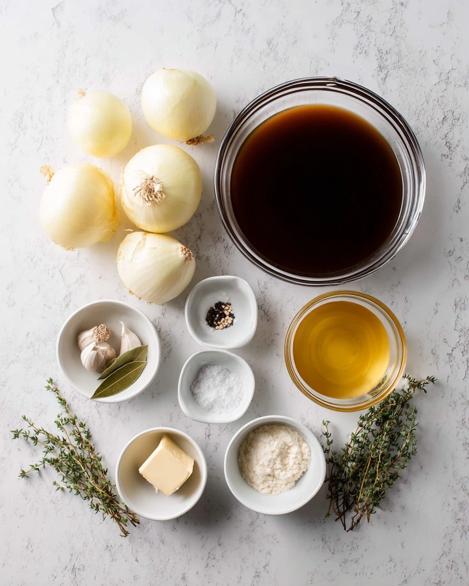 The image shows a flat lay of clear glass and white bowls with cooking ingredients placed on a white marbled texture. On the top right, there is a large clear bowl filled with dark brown liquid, likely broth. Below it, a smaller clear bowl holds a light yellow liquid, probably oil or vinegar. To the left, a clear bowl contains five peeled onions with light yellow and white skin. Smaller white bowls are arranged around with different ingredients: one with two whole garlic cloves, one with two bay leaves, one with a small block of pale yellow butter, one with white flour, and two other small bowls containing coarse white salt and black pepper. Two sprigs of fresh thyme are placed near the bowls. The photo taken with an iphone --ar 4:5 --v 7