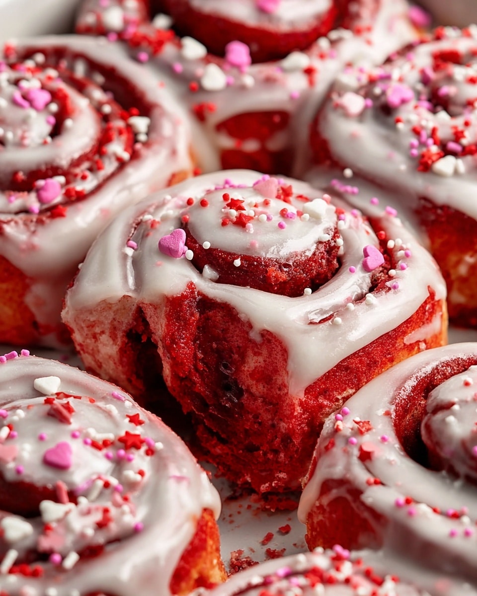 A close-up view of bright red swirled rolls arranged in a white tray, each roll covered in a glossy white icing that drips down the sides and sprinkled with small red, pink, and white heart and star-shaped sprinkles; one roll in the center is bitten, showing the soft, moist red inside with a layer of darker filling near the surface, capturing the texture and slight shine of the icing and sprinkles. Photo taken with an iphone --ar 4:5 --v 7
