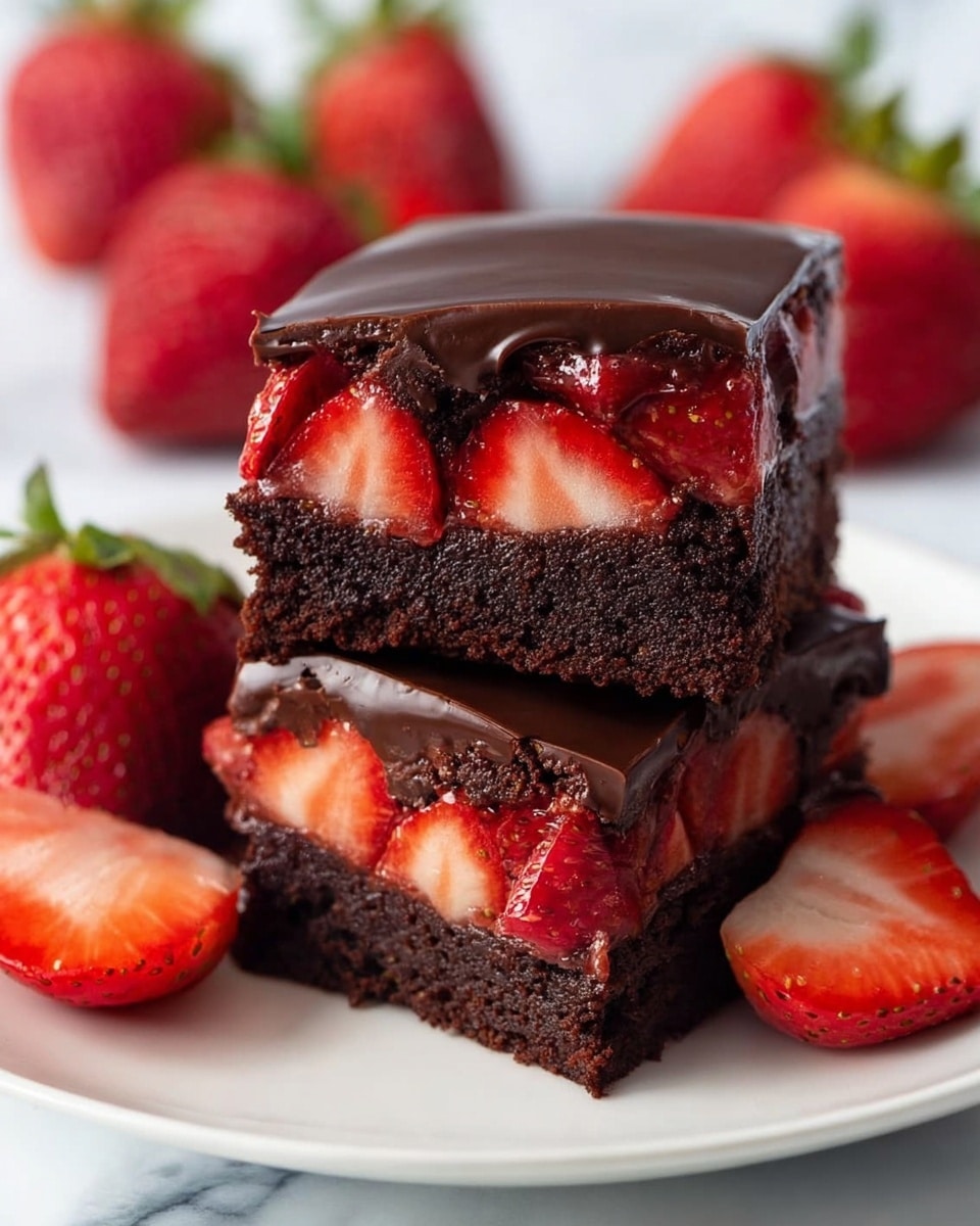 The image shows a close-up of a woman's hand holding a square piece of chocolate dessert with three visible layers. The bottom layer is a thick, dark brown, soft and crumbly brownie base. Above it is a smooth, glossy dark chocolate layer embedded with bright red strawberry slices that are partially visible from the side. The top layer is a thick, shiny dark chocolate coating that covers the strawberry pieces and has a slightly textured surface. In the background, there are more pieces of the dessert and whole strawberries visible, all placed on a white marbled surface. photo taken with an iphone --ar 4:5 --v 7