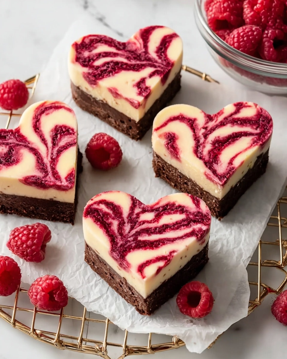 The image shows three stacked dessert pieces with two layers each. The bottom layer is dark brown with a textured, moist look, while the top layer is creamy white with red swirled patterns resembling raspberry sauce. One piece in front is heart-shaped, clearly showing the smooth, marbled white and red top layer, and the dense dark brown bottom layer. The desserts are on a white marbled surface with fresh red raspberries scattered around. Photo taken with an iphone --ar 4:5 --v 7