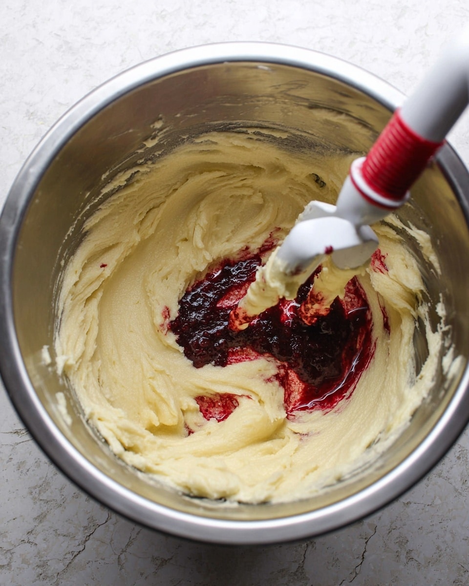 A silver metal bowl holds a thick, creamy pale-yellow mixture that looks smooth and soft in texture, spread unevenly along the bowl’s inner surface. At the center, there is a small pool of dark red liquid with some thicker red bits floating in it, contrasting sharply with the lighter mixture around. A white plastic mixer paddle with red silicone edges stands upright in the bowl, partially covered with the mixture. The background shows a white marbled texture. photo taken with an iphone --ar 4:5 --v 7