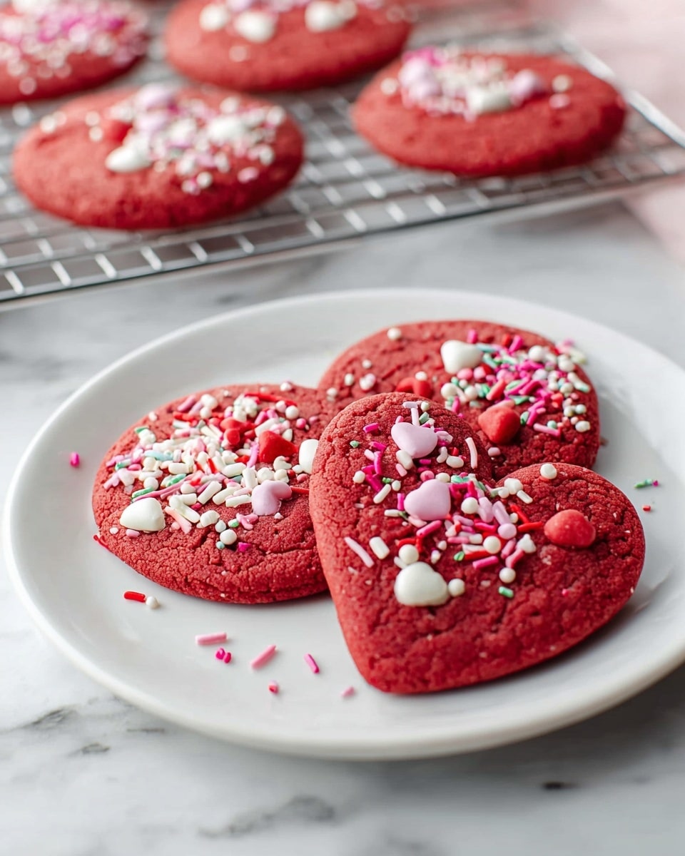 A white plate holds four large heart-shaped cookies that are deep red in color with a soft, cracked texture on top. Each cookie is decorated with a variety of small sprinkles, including tiny white and red pearls, red heart shapes, white sticks, translucent sugar crystals, and a few larger round candy pieces in orange and pink. The plate sits on a white marbled surface, highlighting the rich red color of the cookies. Photo taken with an iphone --ar 4:5 --v 7