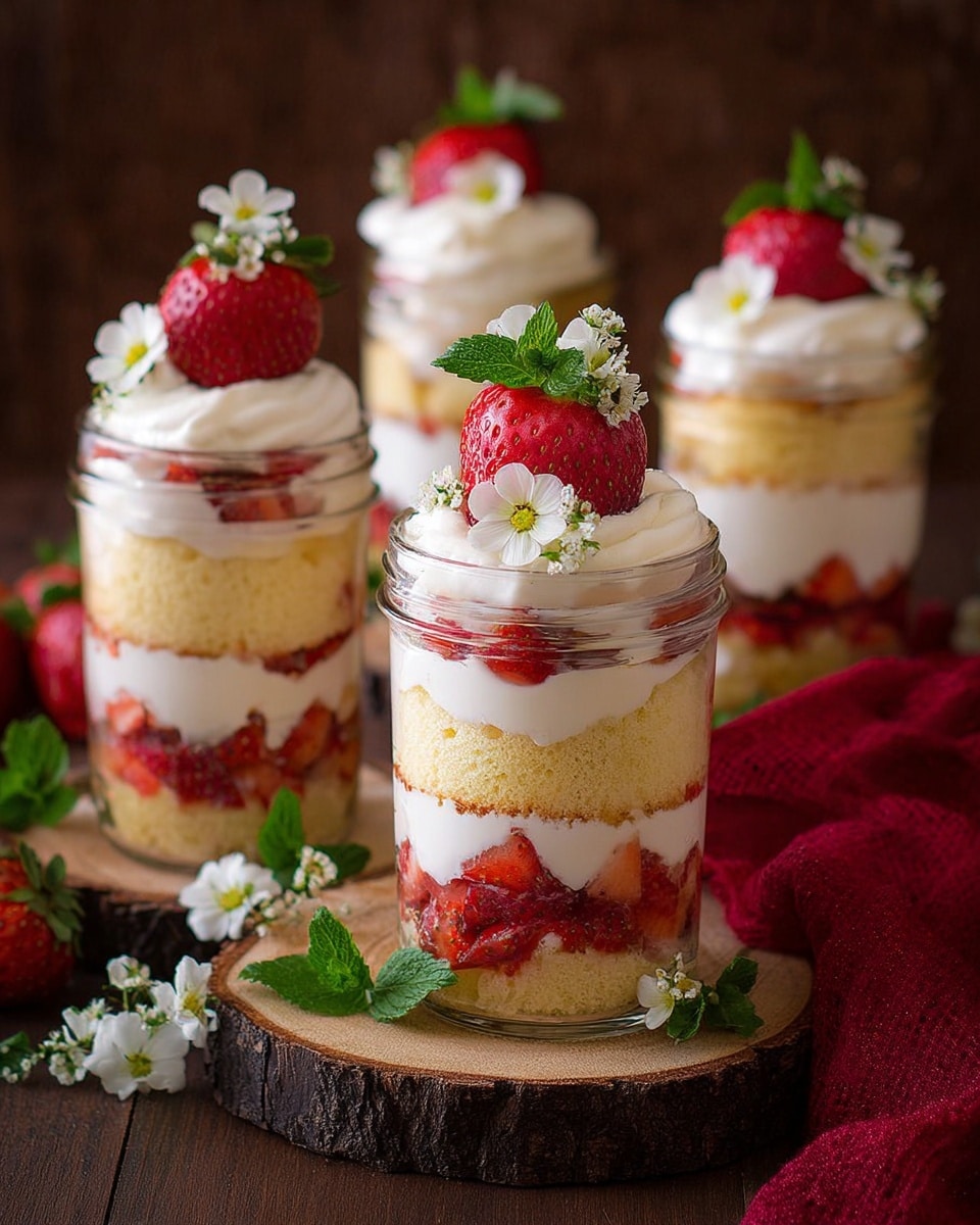 The image shows twelve glass jars filled with layered strawberry desserts arranged neatly in a wooden tray on a white marbled surface. Each jar has four layers: a pale yellow cake layer at the bottom, followed by a white creamy layer, then a bright red layer of sliced strawberries, topped with another white creamy layer. On top, there is a whole red strawberry with a green mint leaf beside it as garnish. Small white edible flowers are scattered around the jars in the tray, and a red cloth is partially visible in the background. photo taken with an iphone --ar 4:5 --v 7