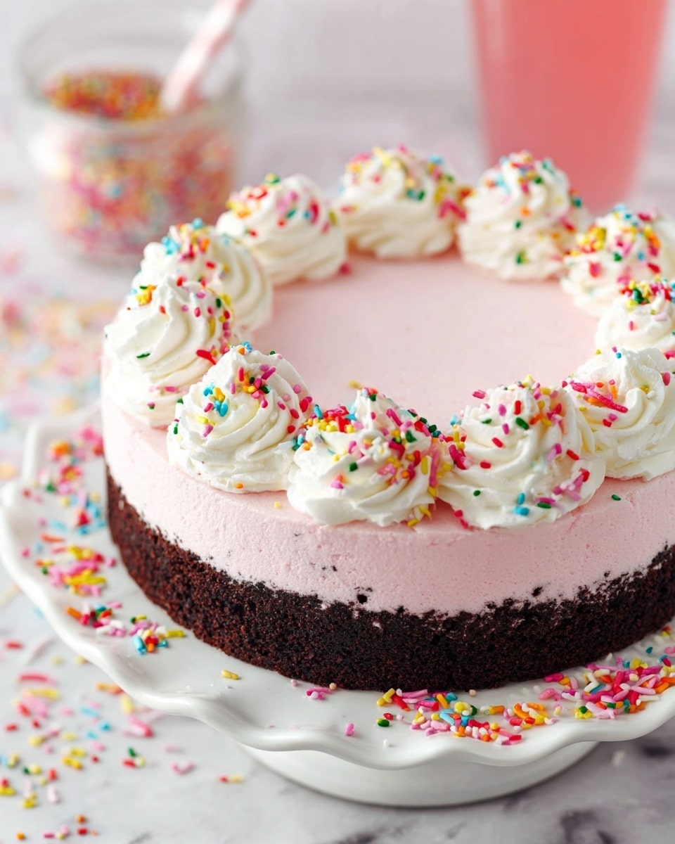 A slice of cake is shown on a white plate with a dark brown crumbly base layer. Above the base is a thick, smooth, light pink creamy layer. On top of the pink layer, there are two swirls of white whipped cream with colorful sprinkles scattered on the cream, the cake, and the plate. In the blurry background, the rest of the round cake with the same decoration sits on the white marbled surface, along with a glass of light pink drink and a small bowl of sprinkles. Photo taken with an iphone --ar 4:5 --v 7